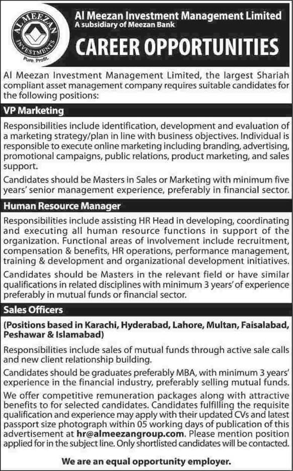 Al Meezan Investment Management Jobs 2014 March for Vice President Marketing, HR Manager & Sales Officer