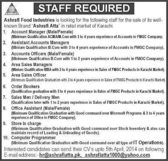 Ashrafi Food Industries Karachi Jobs 2014 March for Accounts / Sales Staff, Computer Programmer & others