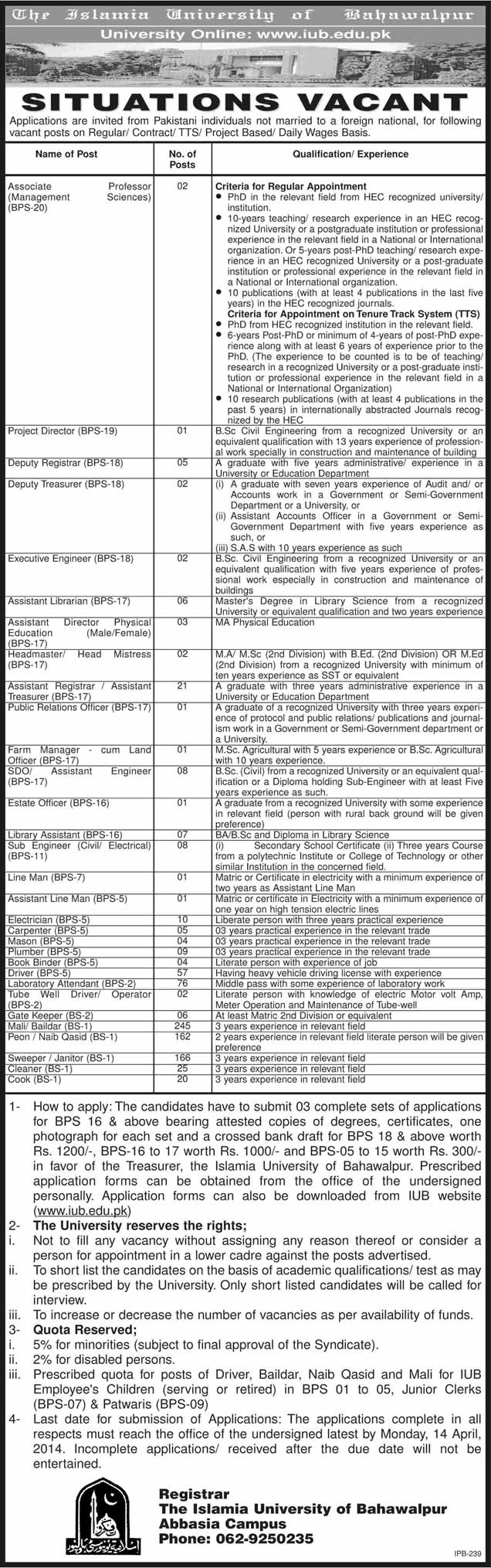 Islamia University Bahawalpur Jobs 2014 March for Teaching & Non-Teaching Staff