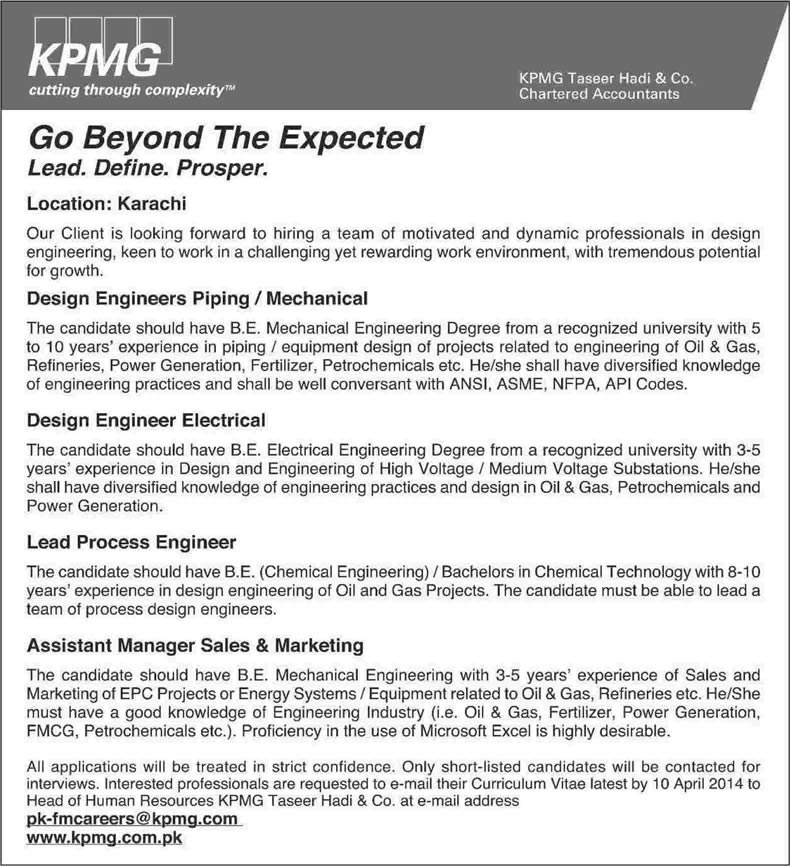 Electrical / Chemical / Mechanical Engineering Jobs in Karachi 2014 March at KPMG Taseer Hadi & Co