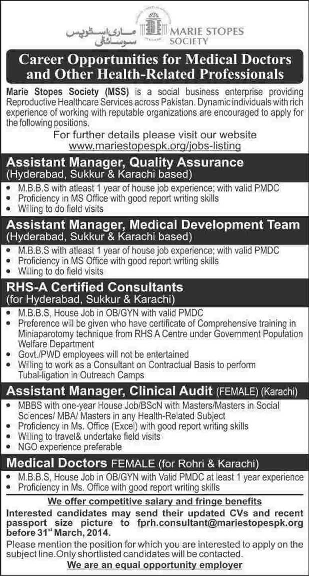 Marie Stopes Society Jobs 2014 March for Assistant Managers, RHS-A Certified Consultants & Medical Doctors