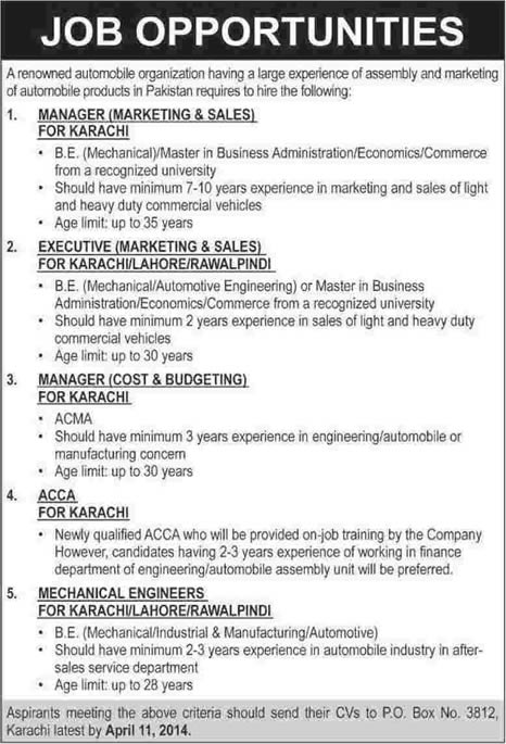 PO Box 3812 Karachi Jobs 2014 March for Automobile Organization for Marketing, Accounts & Engineering Staff