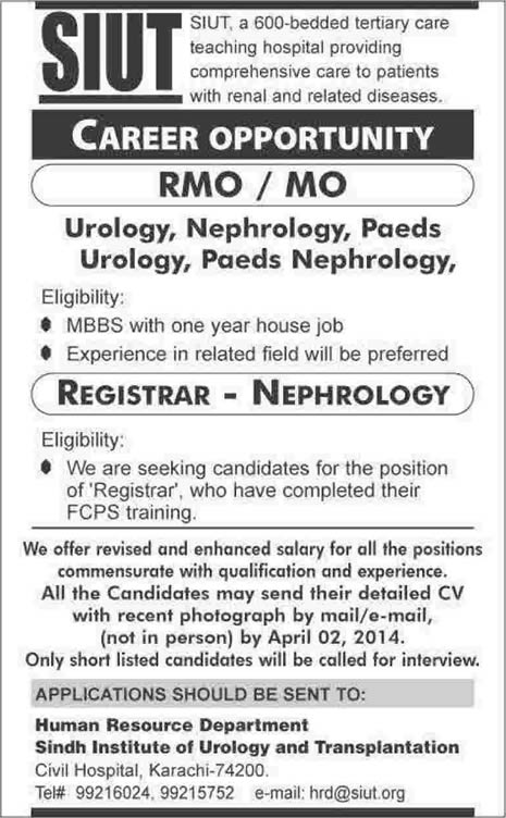 SIUT Karachi Jobs 2014 March for Medical Officers & Registrar