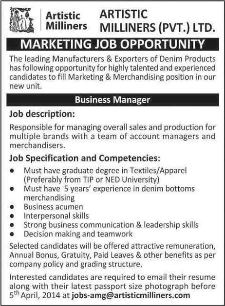 Artistic Milliners Jobs 2014 March for Business Manager