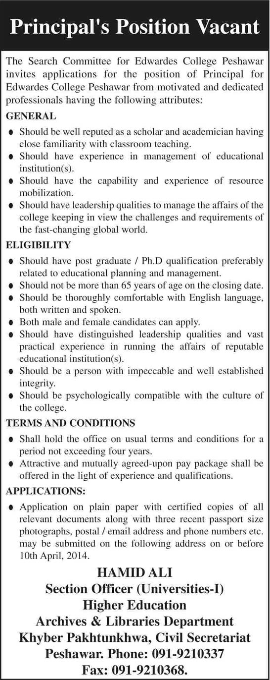 Edwardes College Peshawar Jobs 2014 March for Principal