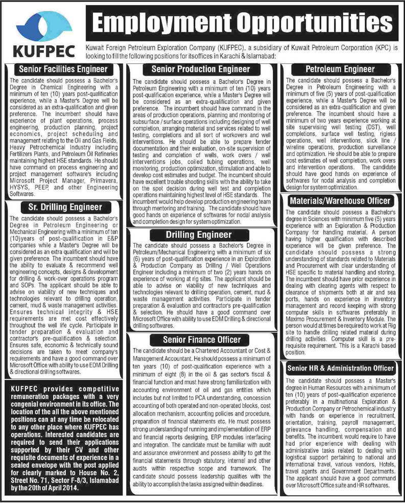 KUFPEC Pakistan Jobs 2014 April for Engineering & Admin Staff