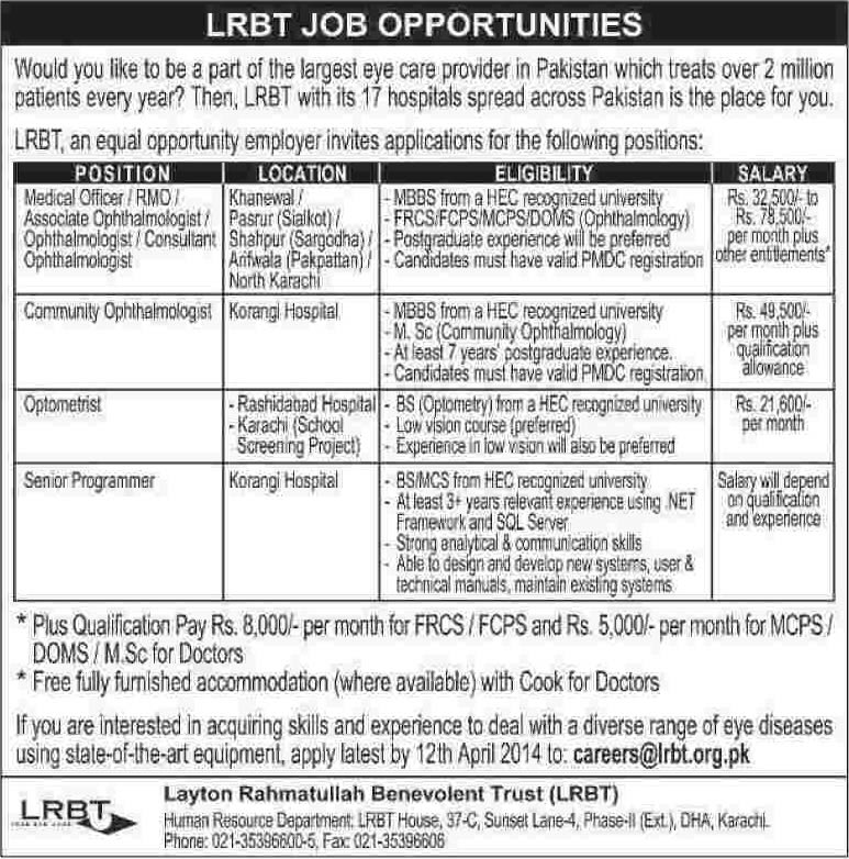 LRBT Jobs 2014 April for Ophthalmologists, Optometrist & Software Programmer