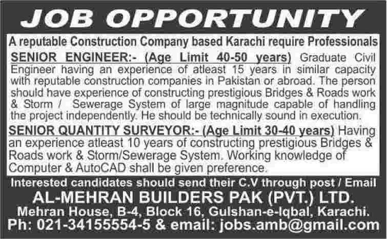 Civil Engineering & Quantity Surveyor Jobs in Karachi 2014 April at Al Mehran Builders Pak Pvt. Ltd