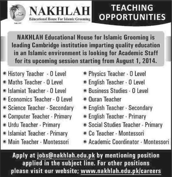 Teaching Jobs in Karachi 2014 April at Nakhlah Educational House for Islamic Grooming
