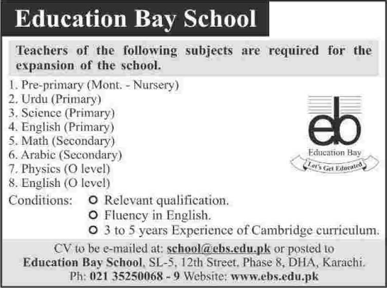 Teaching Jobs in Karachi 2014 April at Education Bay School