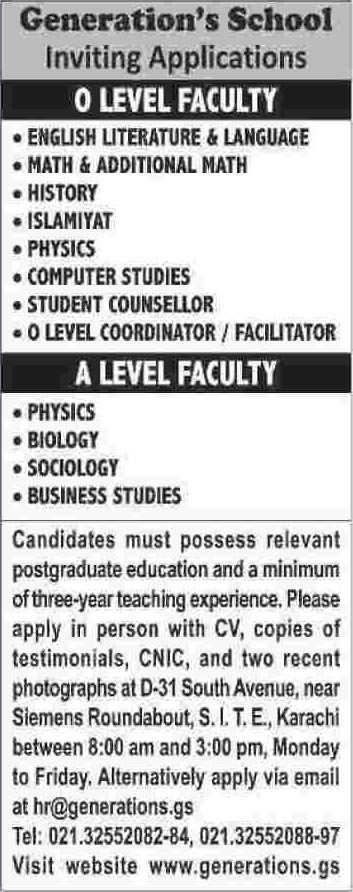 Generations School Karachi Jobs 2014 April for Teaching Faculty