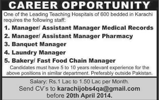 Teaching Hospital Jobs in Karachi 2014 April for Managers
