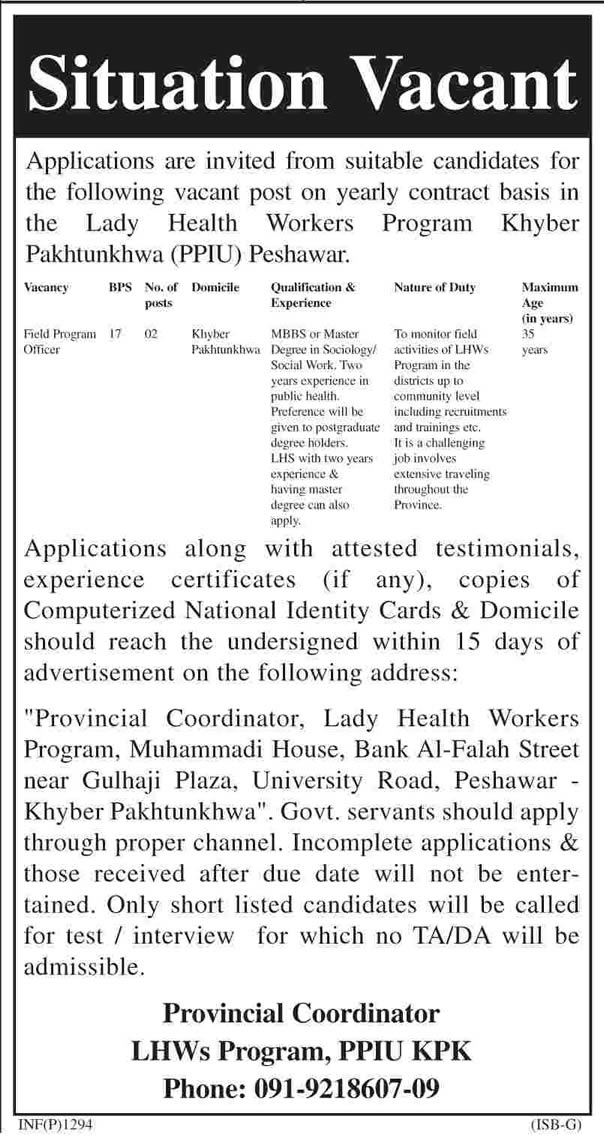 Lady Health Worker Program Khyber Pakhtunkhwa Peshawar Jobs 2014 April PPIU