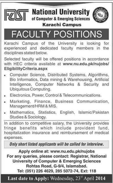 FAST University Karachi Jobs 2014 April Teaching Faculty at FAST-NU