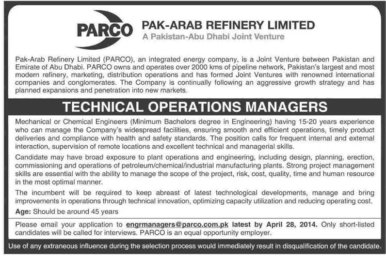 PARCO Jobs 2014 April Mechanical / Chemical Engineers as Technical Operations Managers