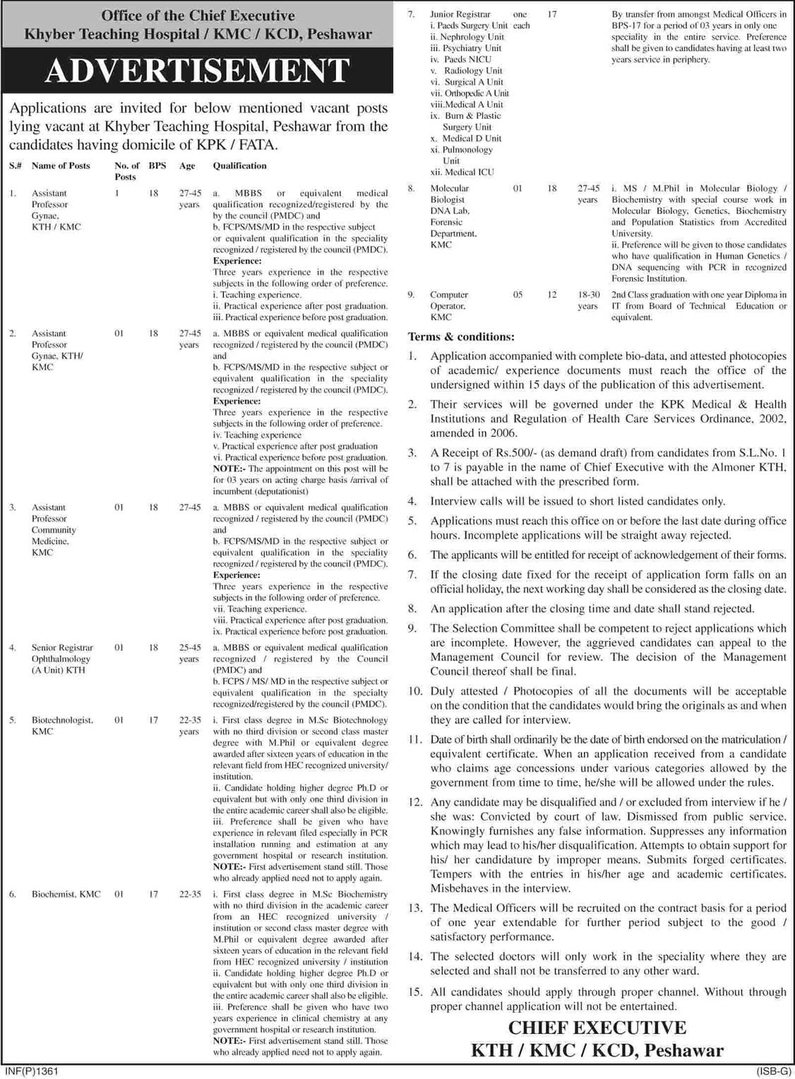 Khyber Teaching Hospital Peshawar Jobs 2014 April for Medical Faculty, Registrars & Others