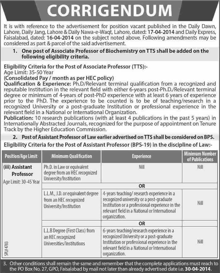 Corrigendum: GC University Faisalabad Jobs 2014 April for Teaching Faculty PO Box 27