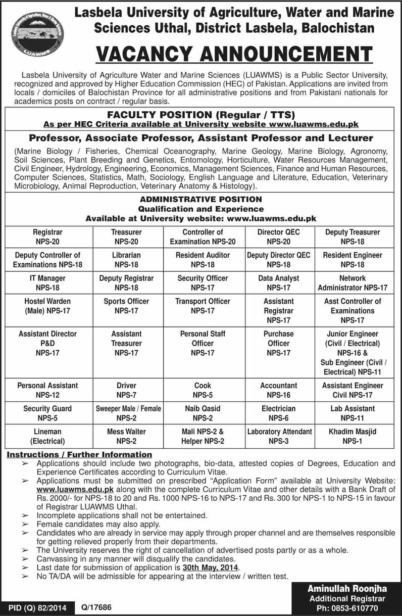 Lasbela University Jobs 2014 April-May for Teaching Faculty & Administrative Staff