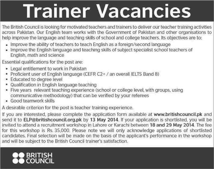 British Council Pakistan Jobs 2014 May for Teachers & Trainers