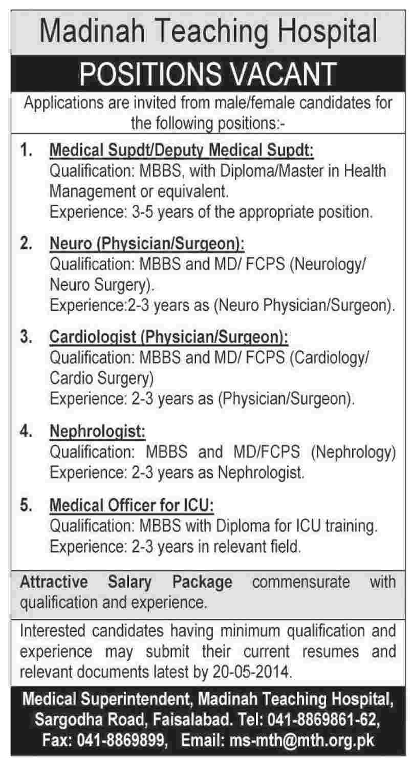 Madinah Teaching Hospital Faisalabad Jobs 2014 for Medical Staff