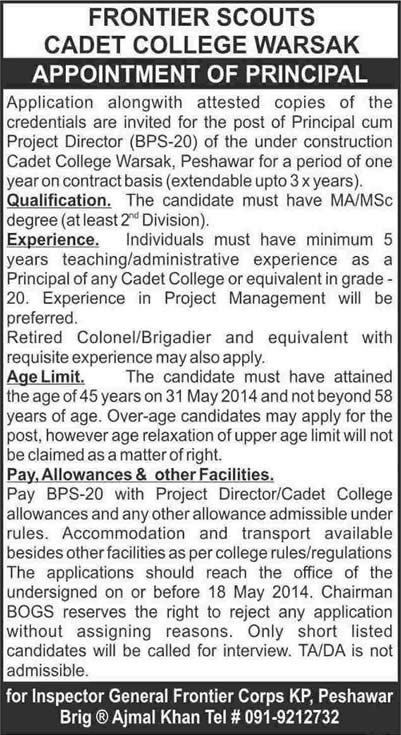 Frontier Scouts Cadet College Warsak Jobs 2014 May for Principal-cum-Project Director