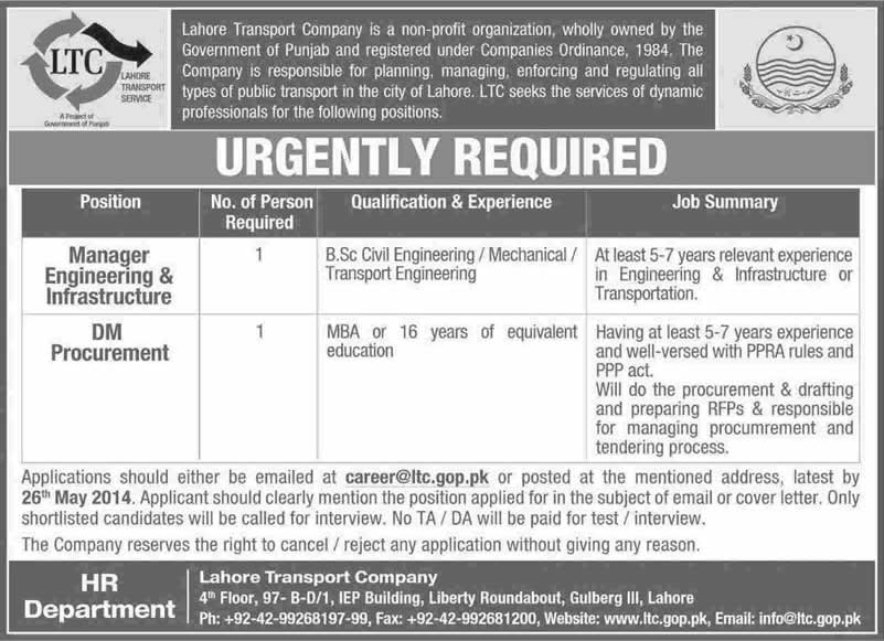 Lahore Transport Company LTC Jobs 2014 May for Manager Engineering & Infrastructure and DM Procurement