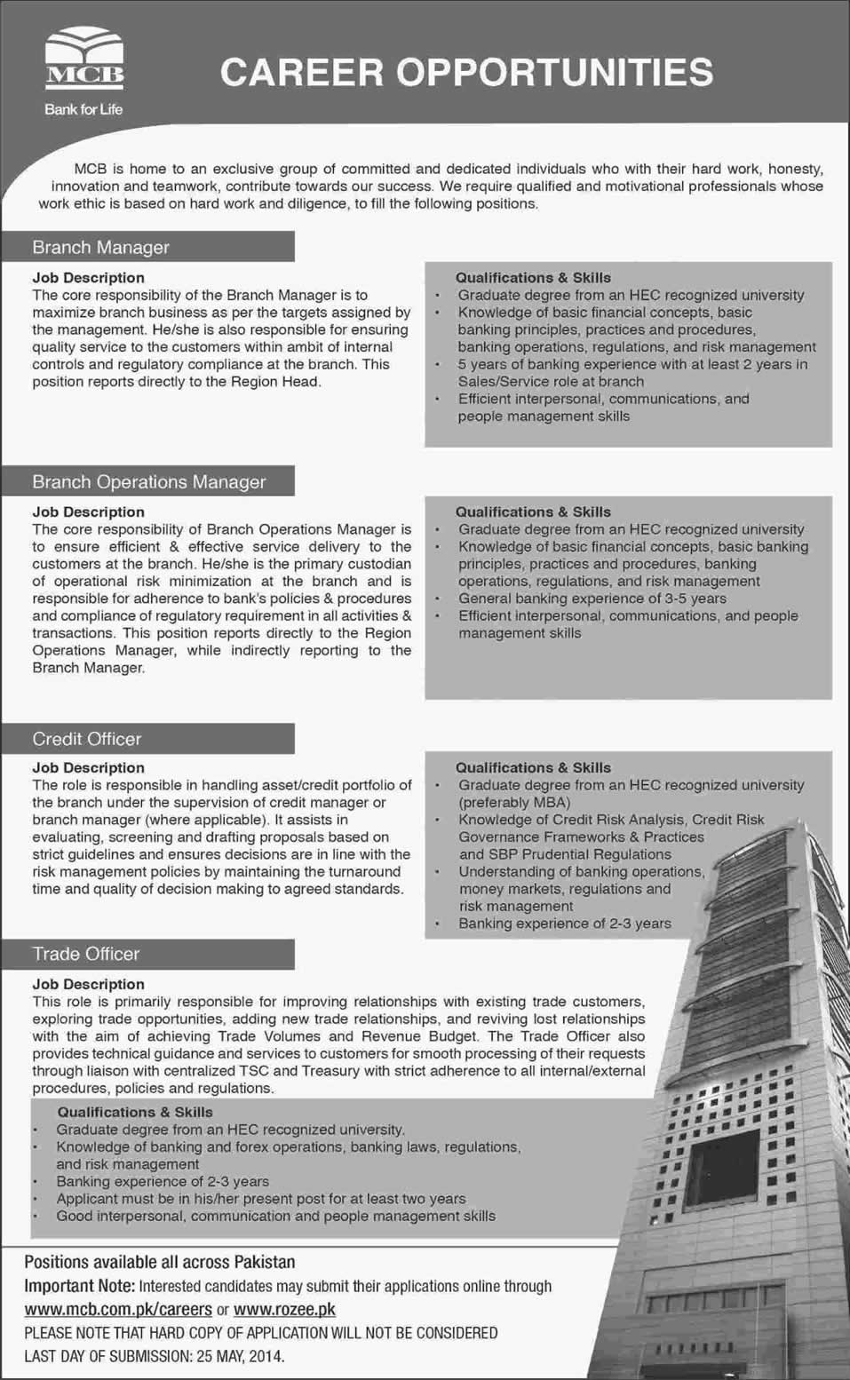 MCB Jobs 2014 May Latest Advertisement