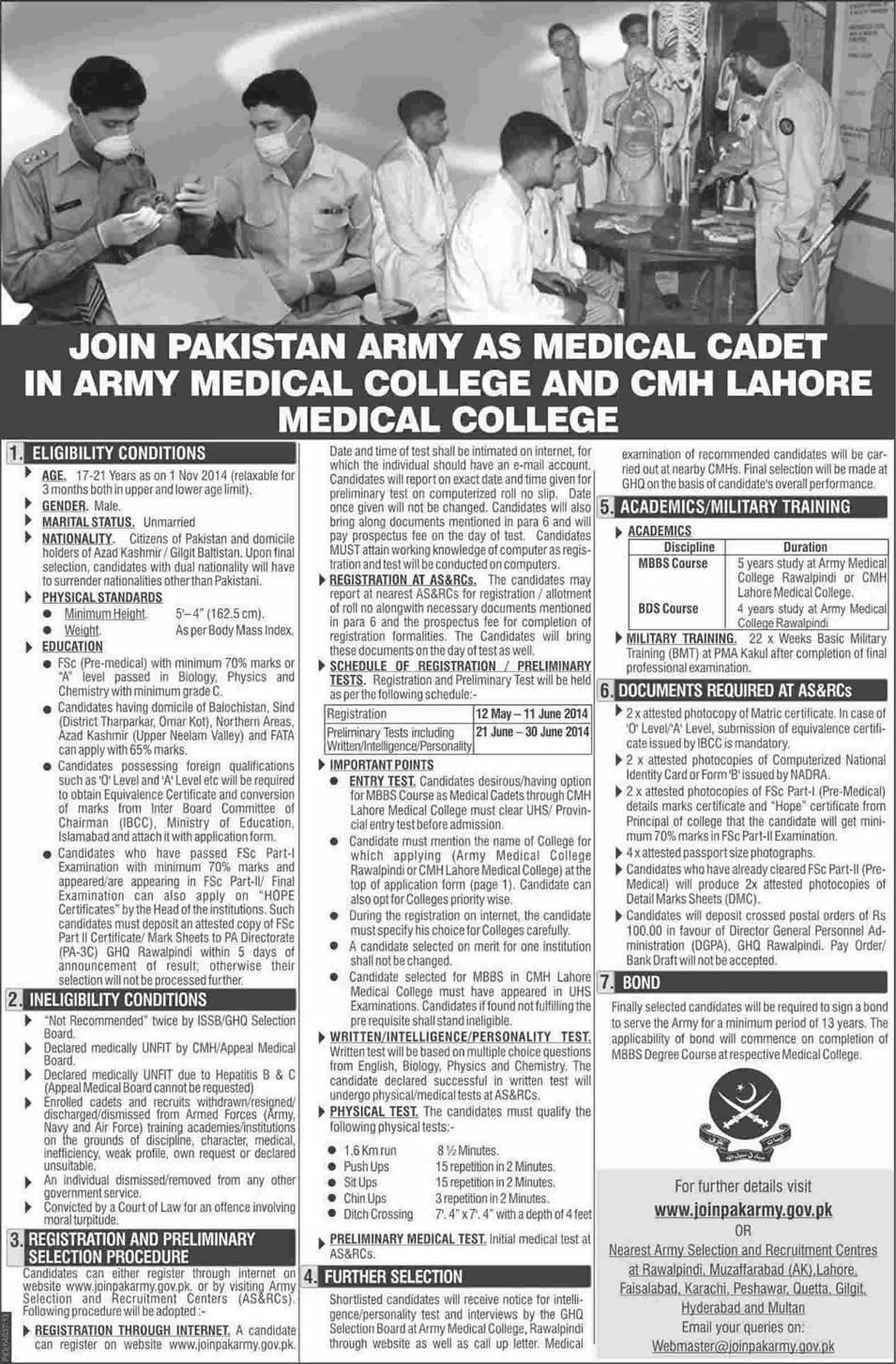 Join Pakistan Army 2014 May as Medical Cadet Latest Advertisement