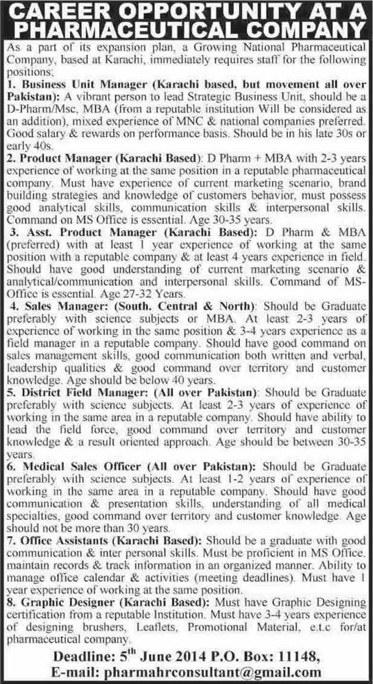 Pharmaceutical Company Jobs in Pakistan 2014 May for Sales / Marketing & Administrative Staff