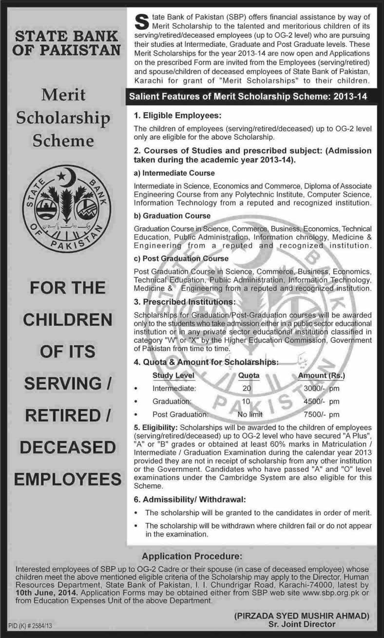 State Bank of Pakistan Merit Scholarship Scheme 2013 - 2014 Latest for SBP Employees' Children
