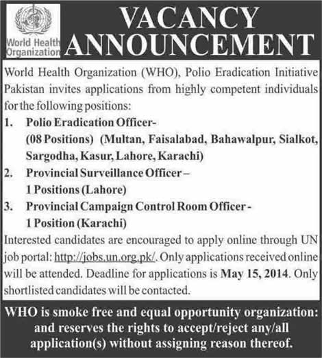 UN WHO Pakistan Jobs 2014 May for Polio Eradication Initiative