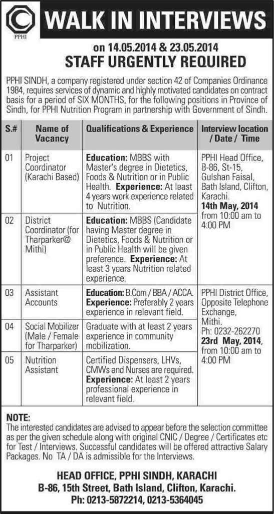 PPHI Sindh Jobs May 2014 for Project / District Coordinator, Nutrition / Accounts Assistant & Social Mobilizer