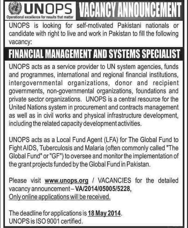 UNOPS Pakistan Jobs 2014 May for Financial Management & System Specialist