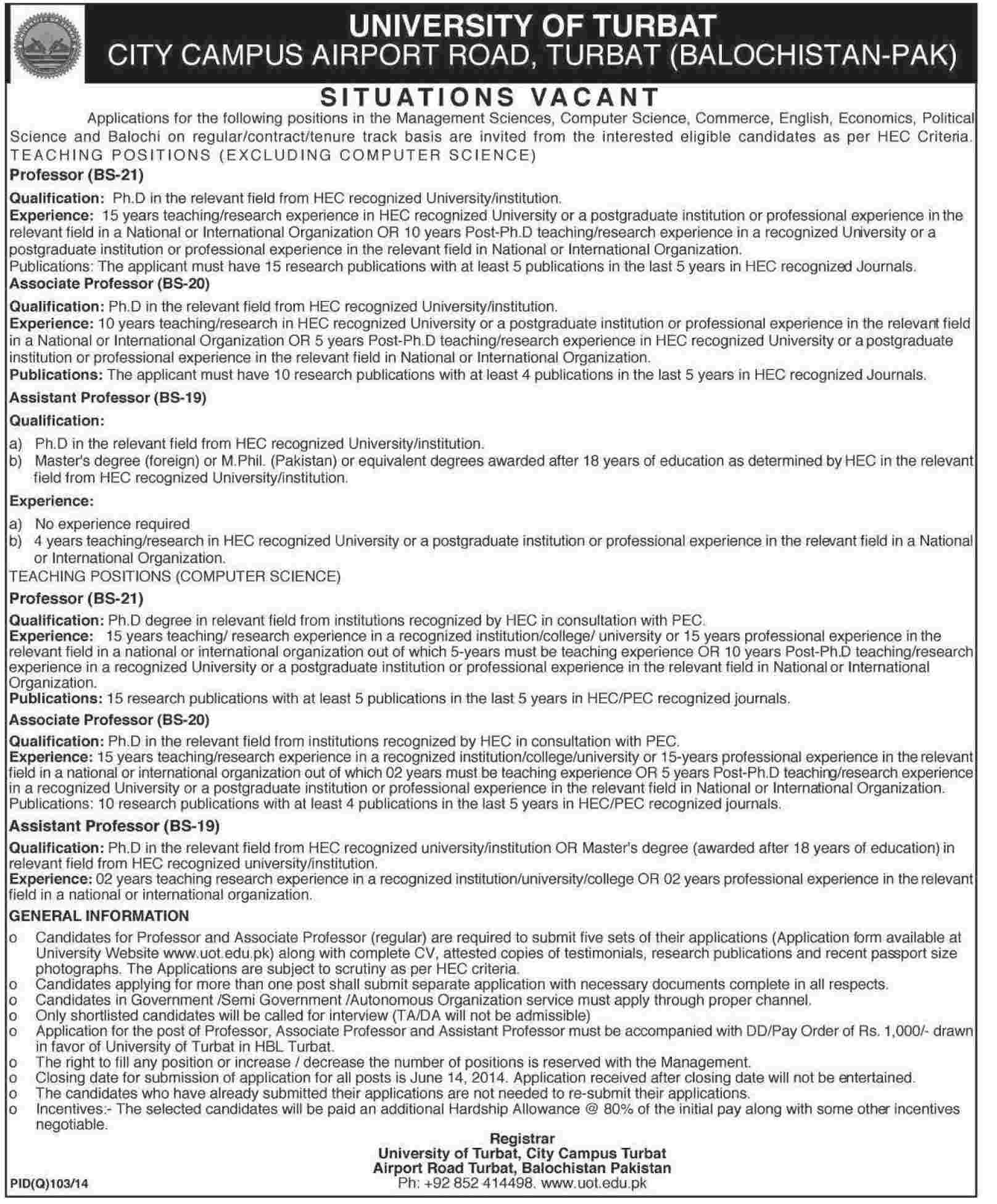 University of Turbat Jobs 2014 May for Teaching Faculty