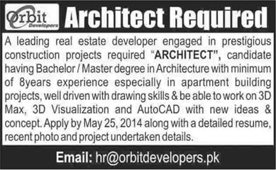 Architect Jobs in Lahore 2014 May at Orbit Developers
