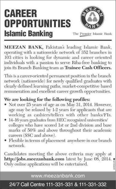 Meezan Bank Jobs 2014 May for Trainee Cash Officers