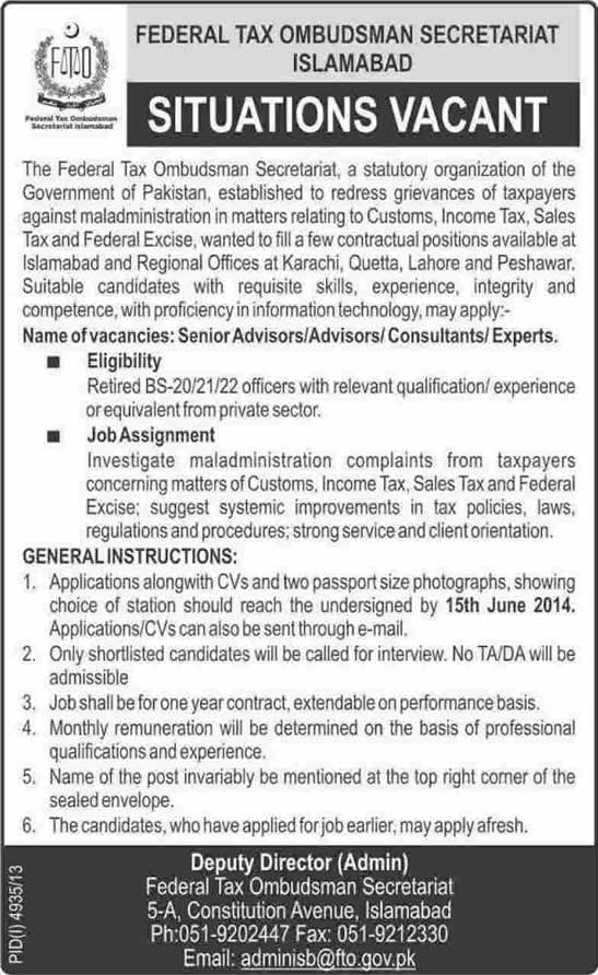 Federal Tax Ombudsman Secretariat Jobs 2014 May for Advisors, Consultants & Experts