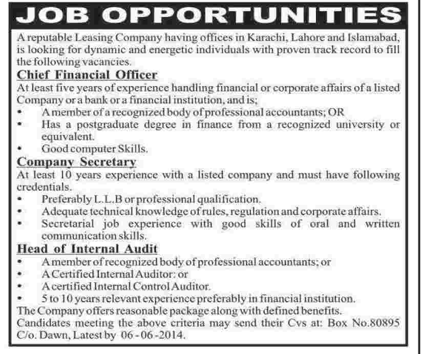 Chief Financial Officer, Company Secretary & Head of Internal Audit Jobs in Karachi 2014 May / June