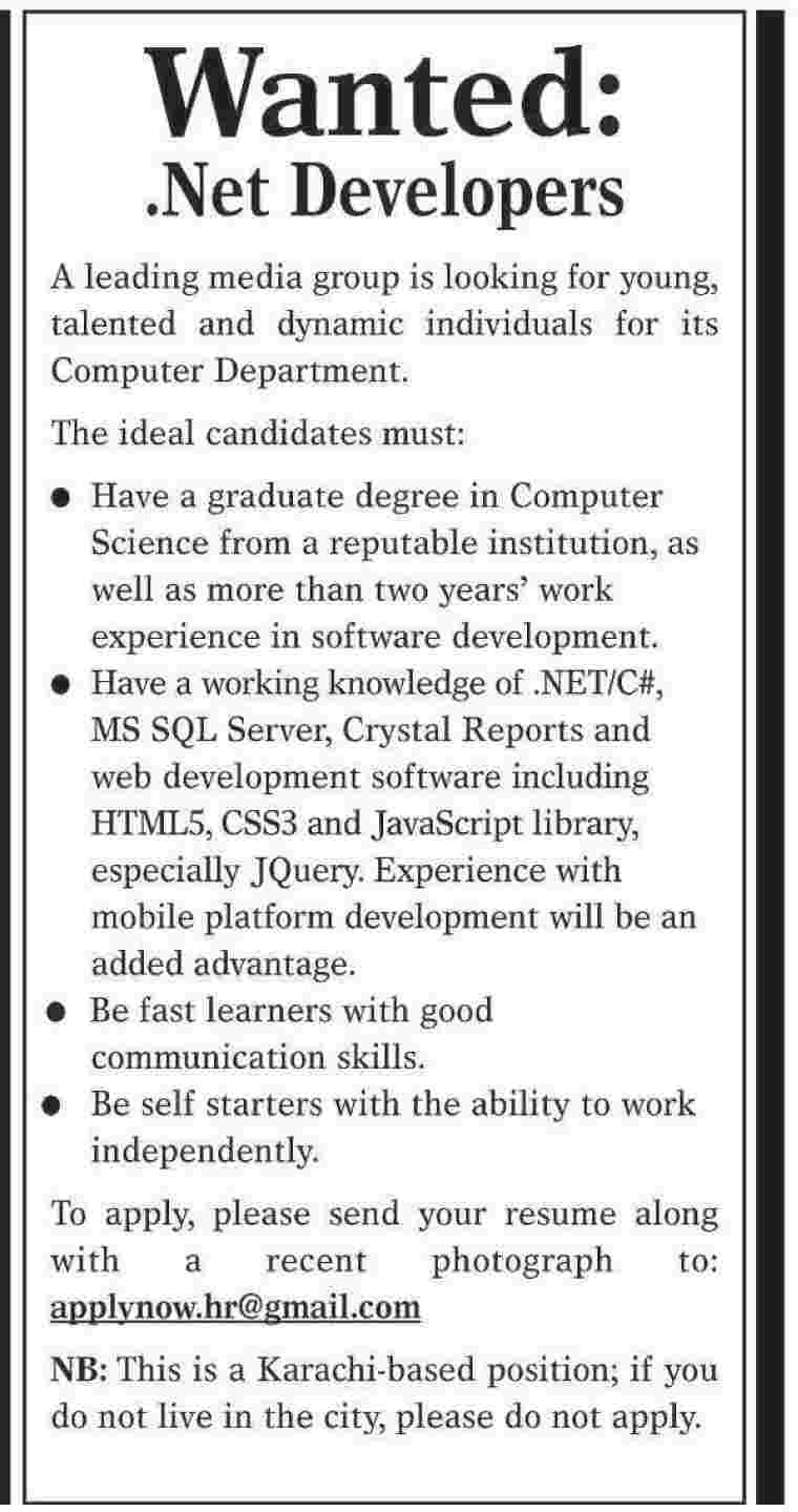 .Net Developer Jobs in Karachi 2014 June