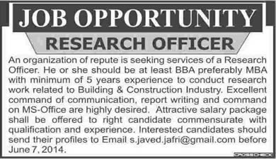 Research Officer Jobs in Pakistan 2014 June
