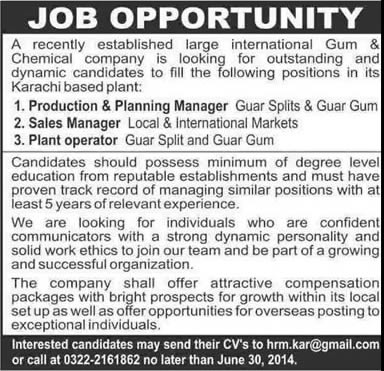 Production / Planning / Sales Manager & Plant Operator Jobs in Karachi 2014 June for Gum & Chemical Company