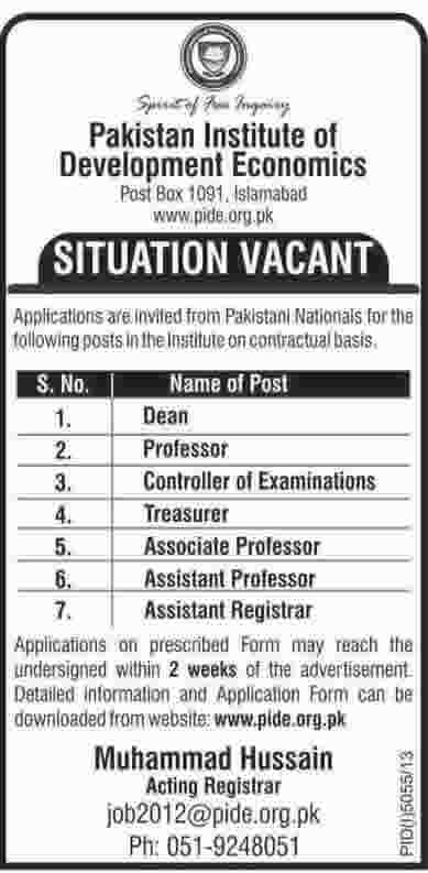 Pakistan Institute of Development Economics - PIDE Islamabad Jobs 2014 June