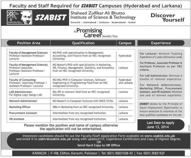 SZABIST University Jobs 2014 June for Teaching Faculty & Administrative Staff