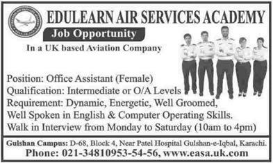 Female Office Assistant Jobs in Karachi 2014 June at Edulearn Air Services Academy