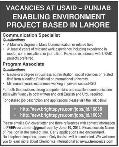 USAID Jobs in Lahore 2014 June for USAID-Punjab Enabling Environment Project