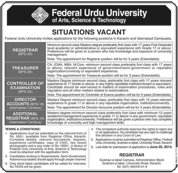 Federal Urdu University Jobs 2014 June for Administrative Staff