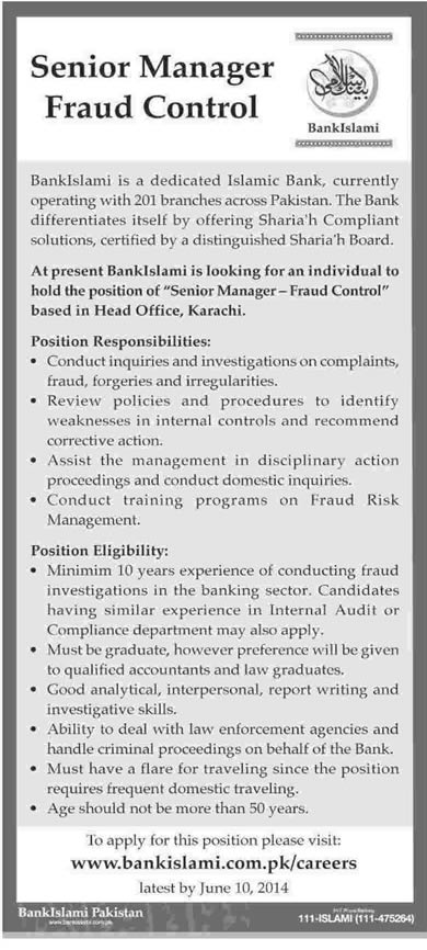 Bank Islami Jobs in Karachi 2014 June for Senior Manger Fraud Control