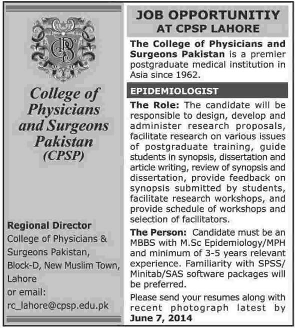 CPSP Lahore Jobs 2014 June for Epidemiologist - College of Physicians & Surgeons Pakistan