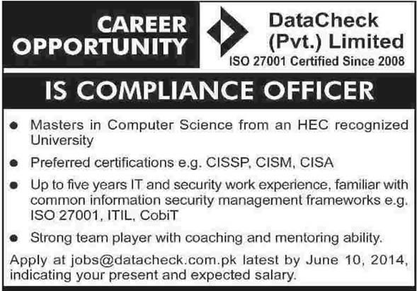 Compliance Officer Jobs in Karachi 2014 June at Data Check (Pvt.) Ltd