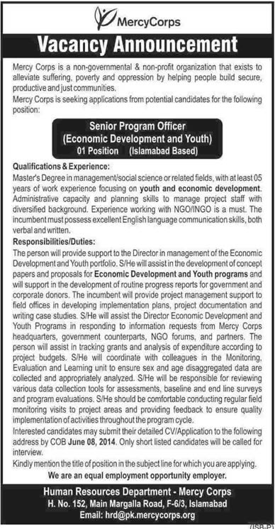 Mercy Corps Islamabad Jobs 2014 June for Senior Program Officer